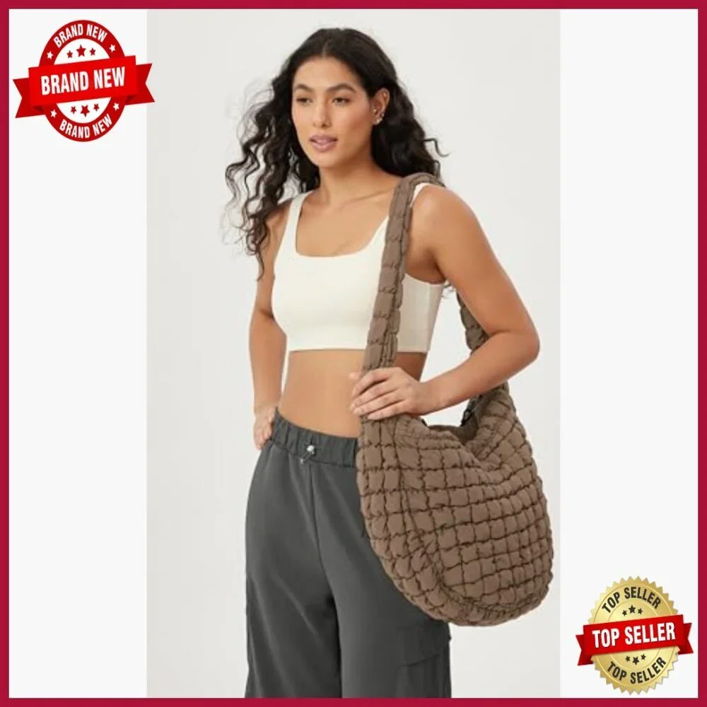 Large Quilted Tote Bag with Crossbody Strap, Lightweight Polyester Hobo